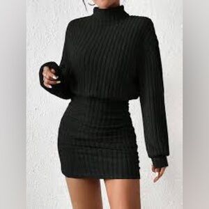 Black Mock Neck Ribbed Short Dress medium NWT